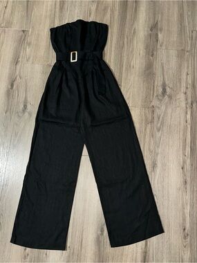 Monteau Black Jumpsuit Linen Blend Strapless Wide-Leg